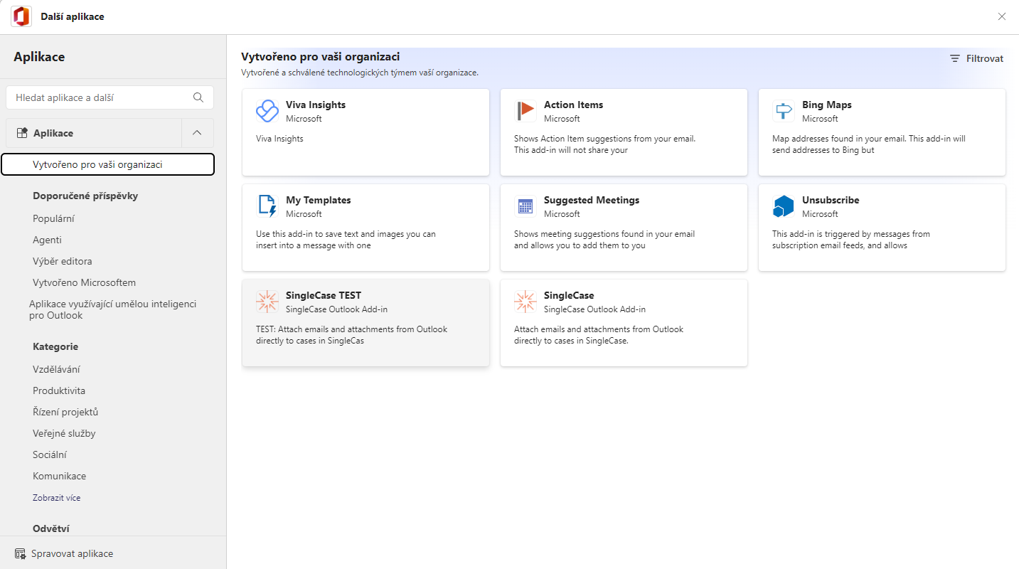 Add Apps dialog showing SingleCase listed under Built for your org