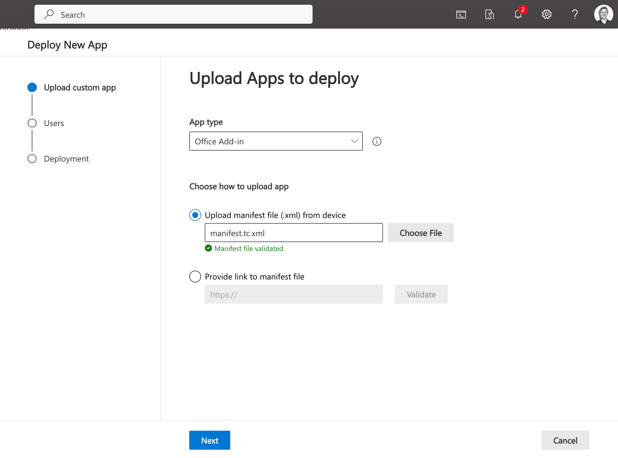 Deploy New App wizard showing Office Add-in type selected and manifest file validated