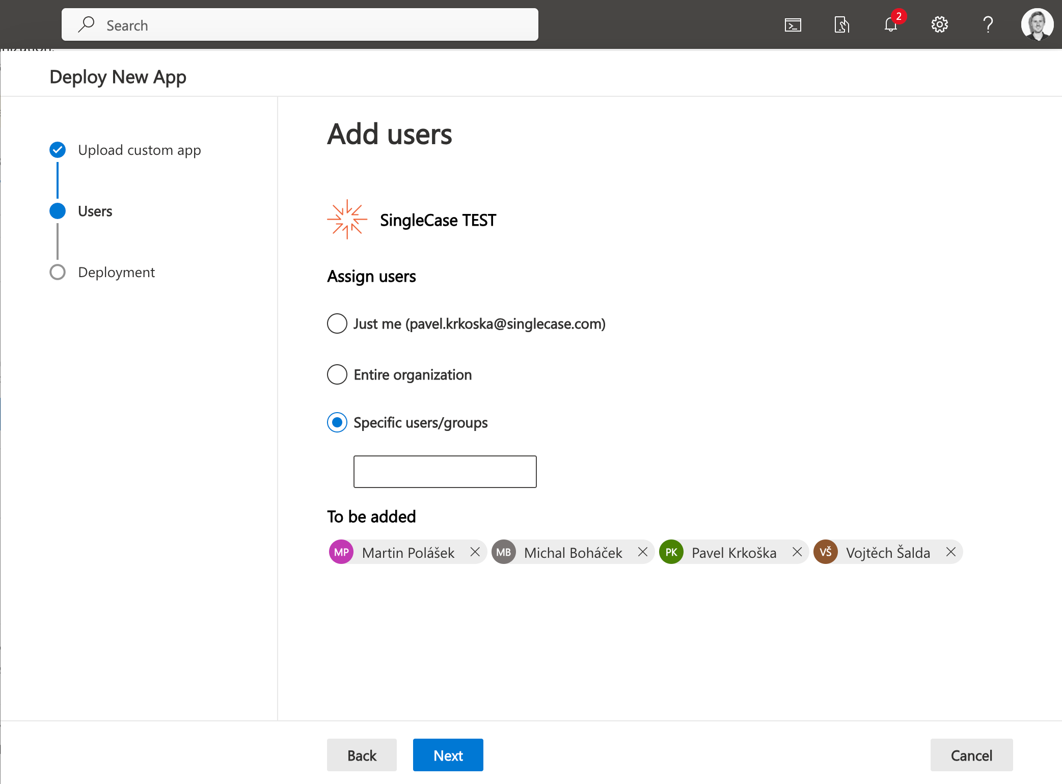 Add users step showing Specific users/groups selected with individual users listed