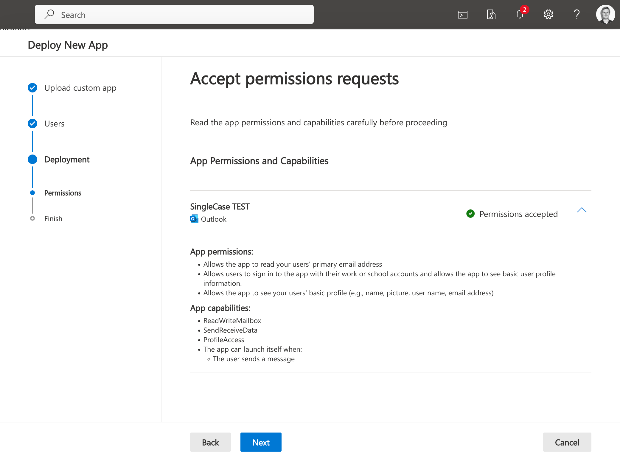 Accept permissions requests screen showing SingleCase permissions and capabilities with Permissions accepted status