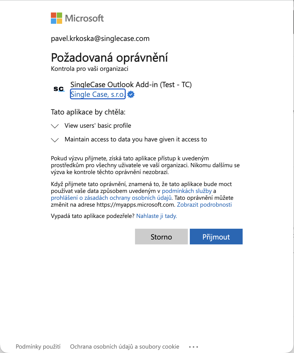 Microsoft permissions consent dialog for SingleCase Outlook Add-in