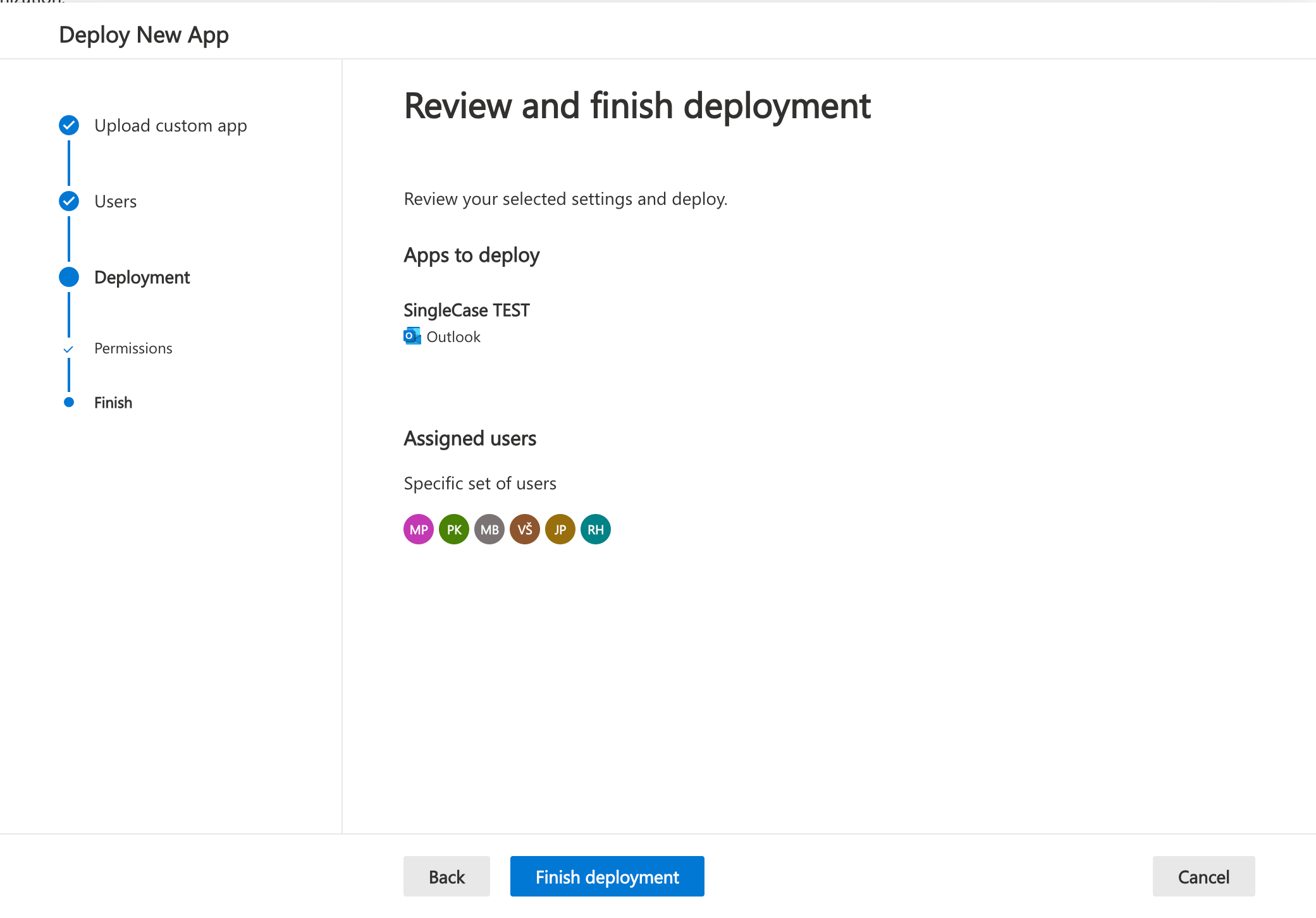 Review and finish deployment screen showing SingleCase app and assigned users summary