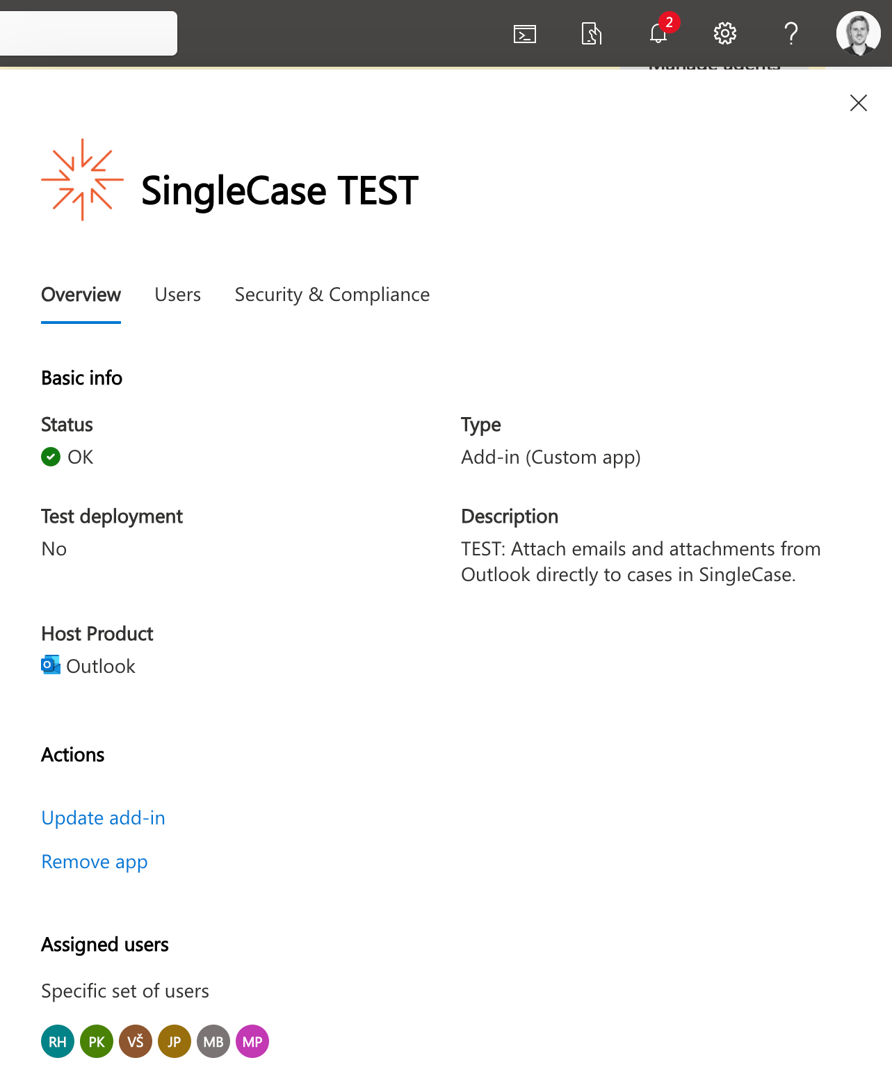 SingleCase app detail panel showing status OK, host product Outlook, assigned users, and action links