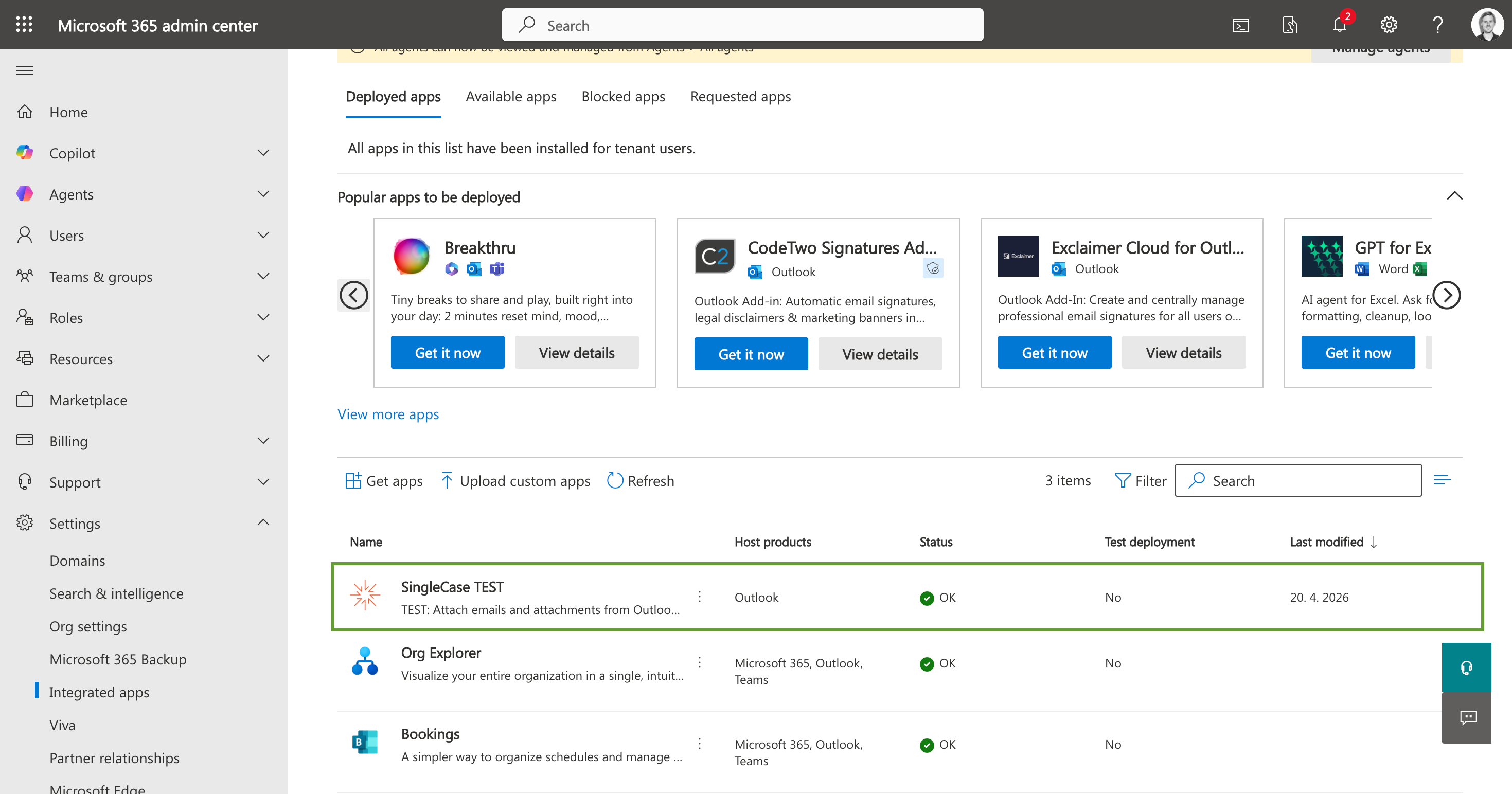 Integrated Apps deployed apps list showing SingleCase TEST with OK status
