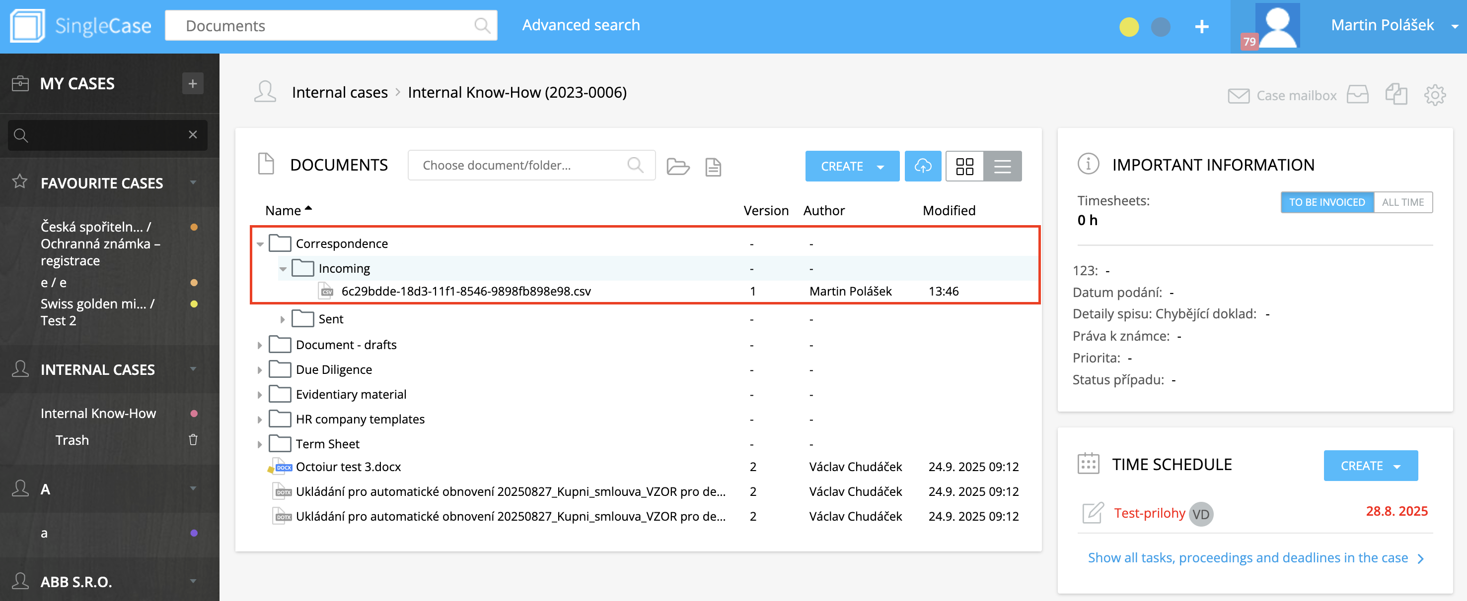 Documents section in SingleCase showing the filed attachment under Correspondence style=