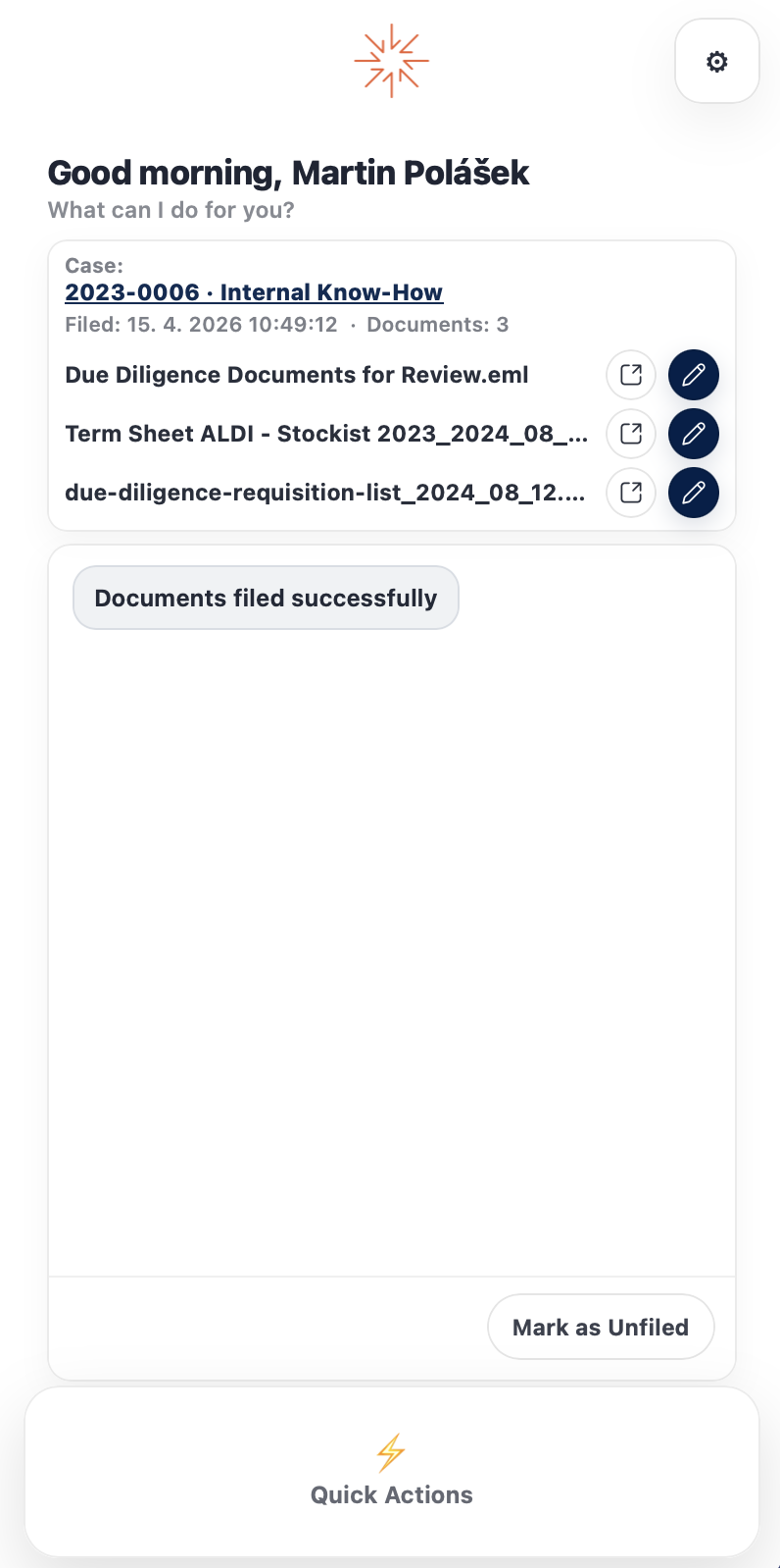 Summary view after filing showing the case name, date, and filed documents