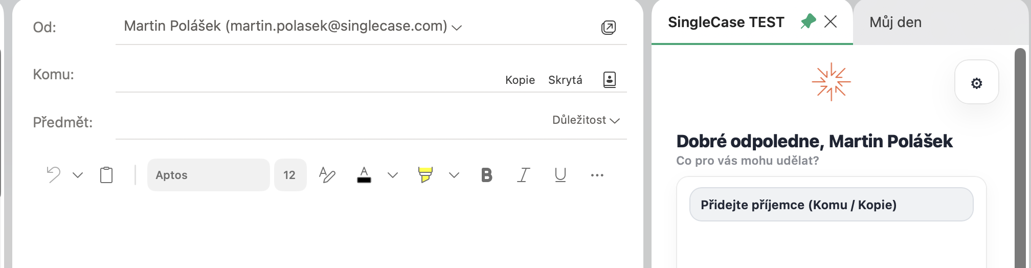 Nový e-mail bez příjemců; panel žádá o přidání příjemce