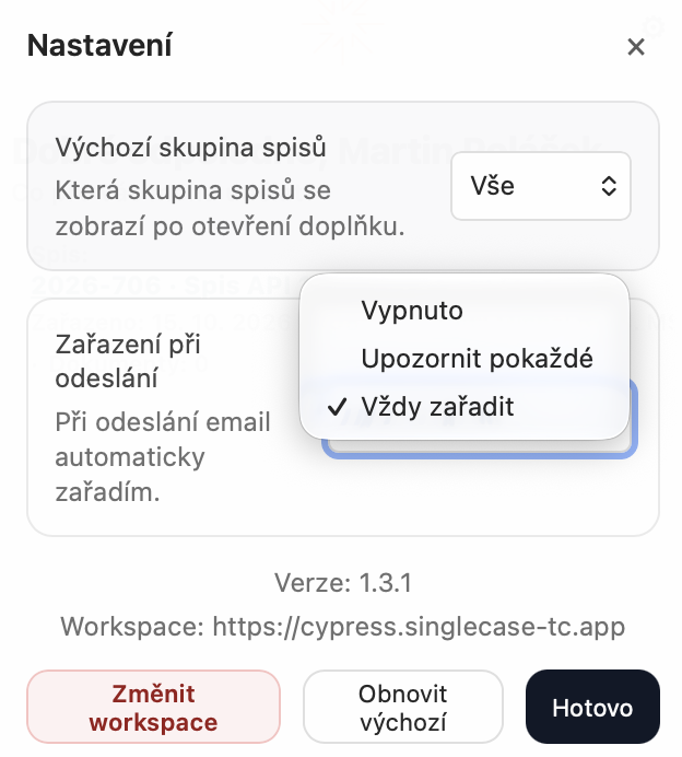 Nastavení s možnostmi zařazení při odeslání