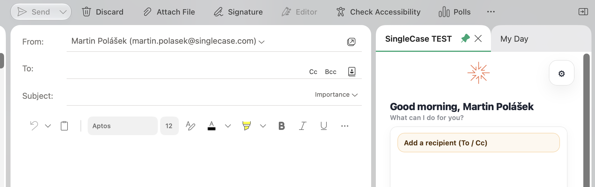 New email without recipients; the panel asks to add a recipient