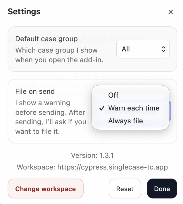 Settings with the File on send options