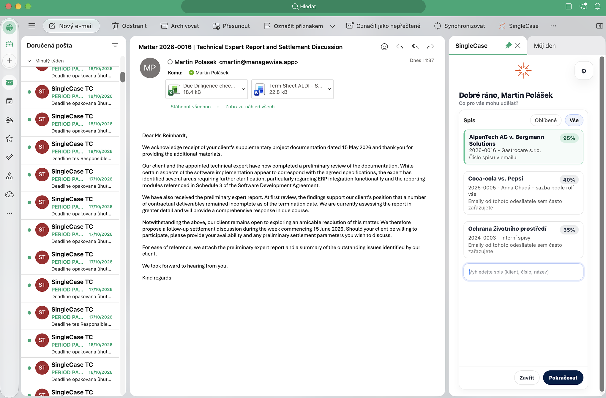 SingleCase Outlook Add-in — panel úloh v Outlook Desktop