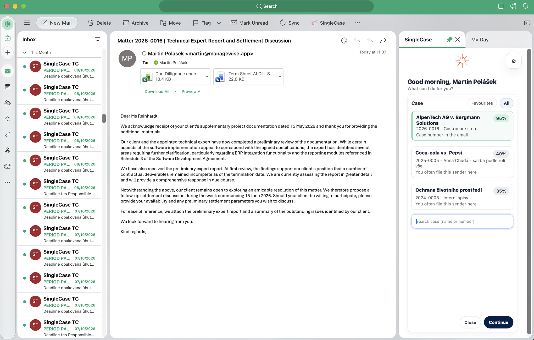 SingleCase Outlook Add-in — taskpane view in Outlook Desktop