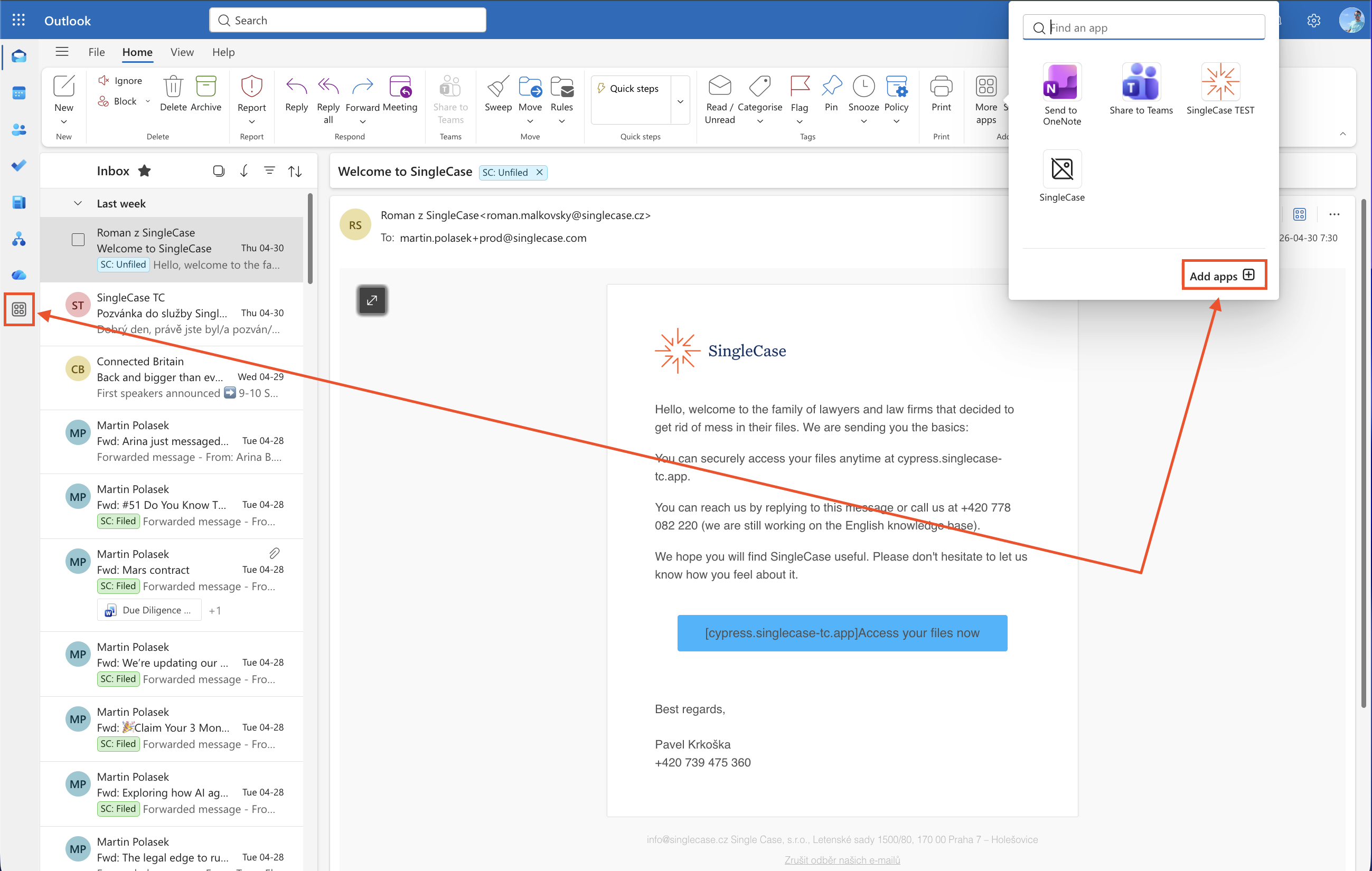 Outlook on the Web showing an email open with the app panel on the right and the Add apps button highlighted