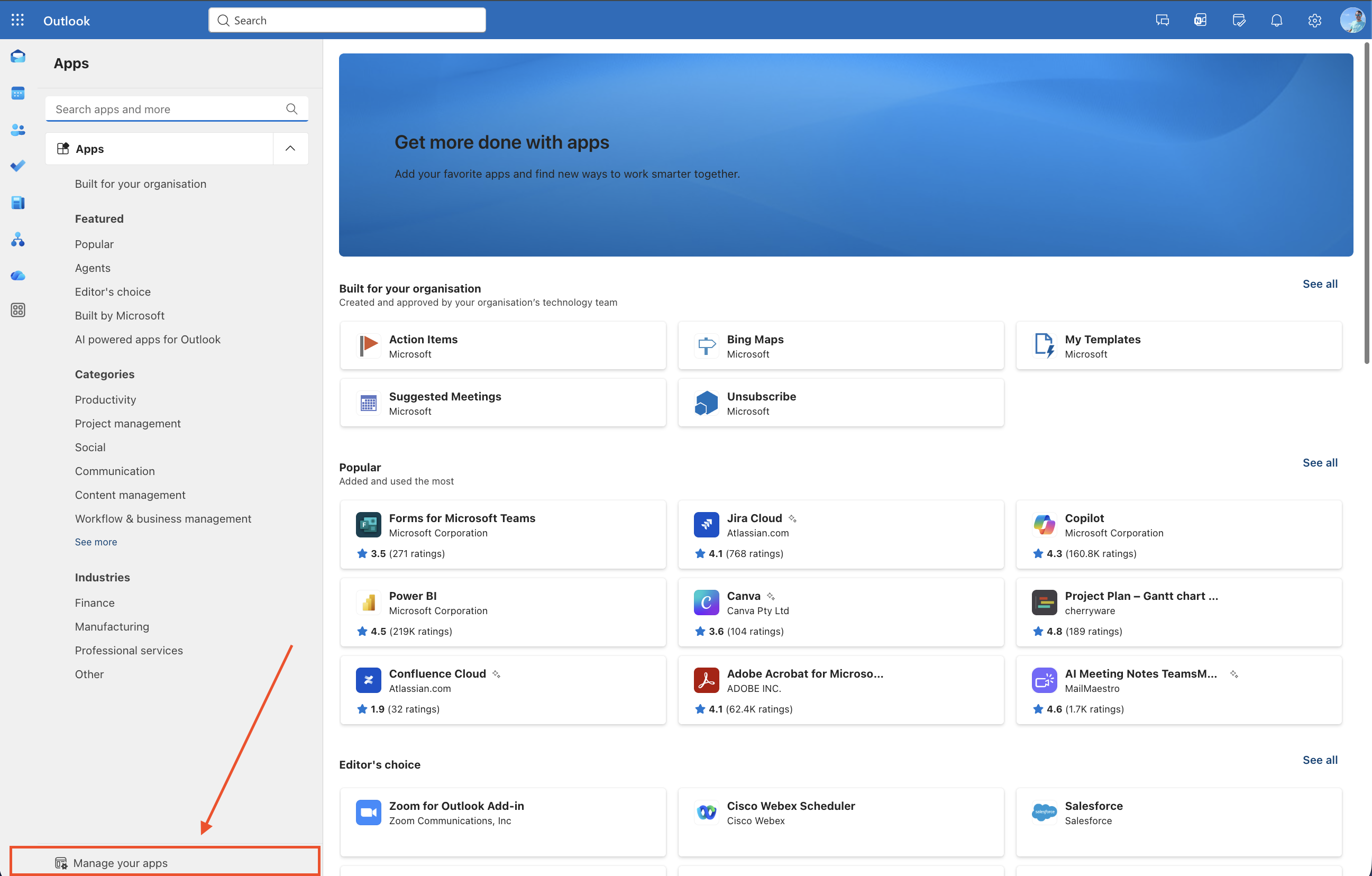 The Microsoft Apps store showing app categories and a search bar at the top