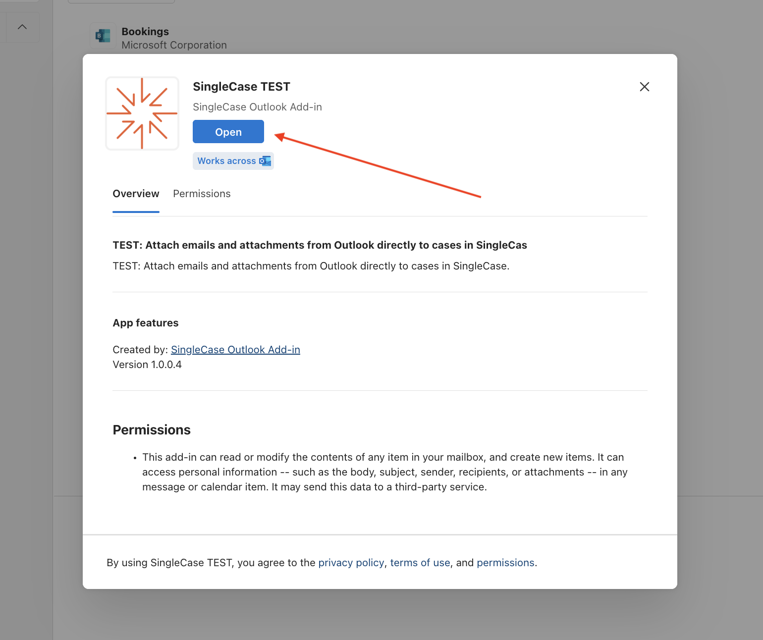 SingleCase add-in detail page showing the Open button